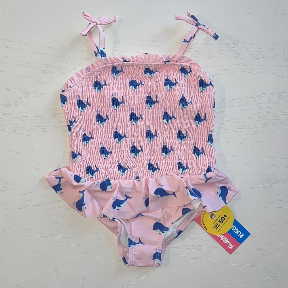 Rufflebutts Pink Whale Ruched One Piece Swimsuit 4T - Picture 2 of 5